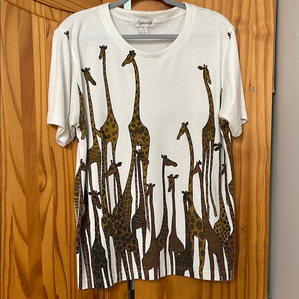 GANTOS GIRAFFE TEE WOMENS XL WHITE BROWN ANIMAL PRINT BEADED JUNGLE Y2K MOBWIFE